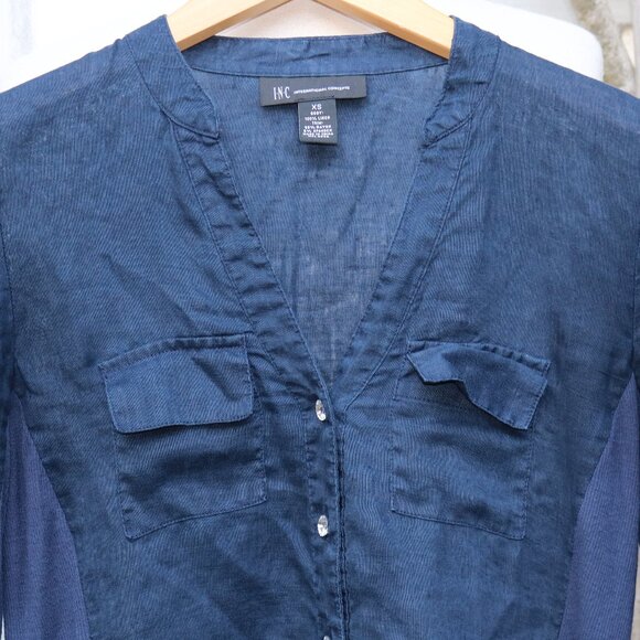 INC Navy Blue Linen w Stretch Sides Crystal Button Roll Tab Sleeve Shirt Sz XS - Picture 3 of 7